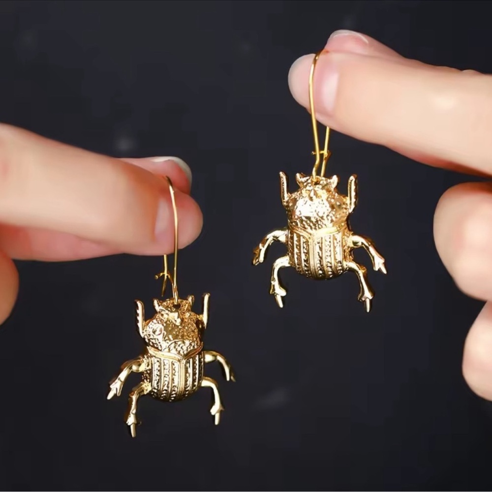 Gold Scarab Beetle Drop Earrings - Picture 4 of 5